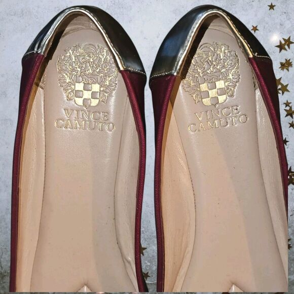 Vince Camuto Cap Toe Flat Sz 7.5 M Red Wine Leather Gold Flash Toe Holiday Ready - Picture 3 of 8